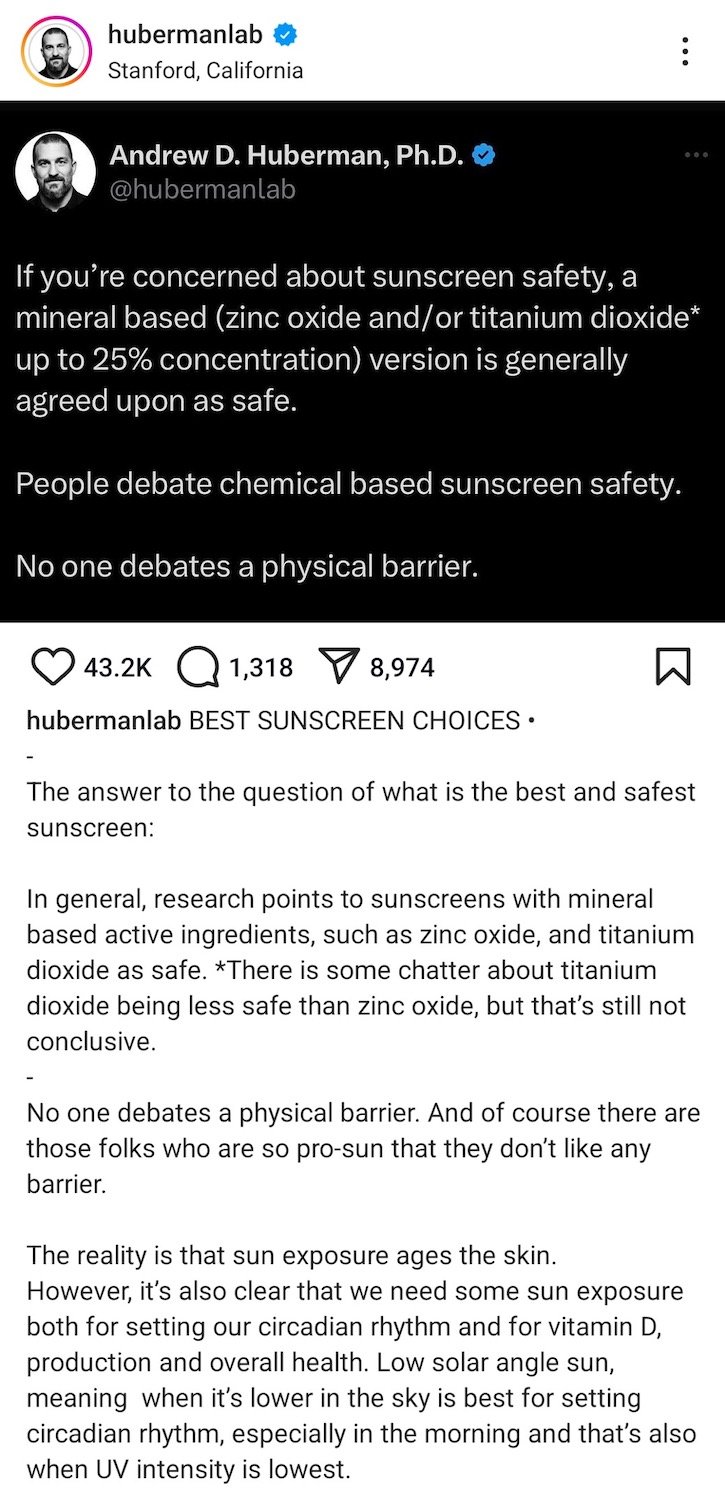 Huberman instagram post sunscreen